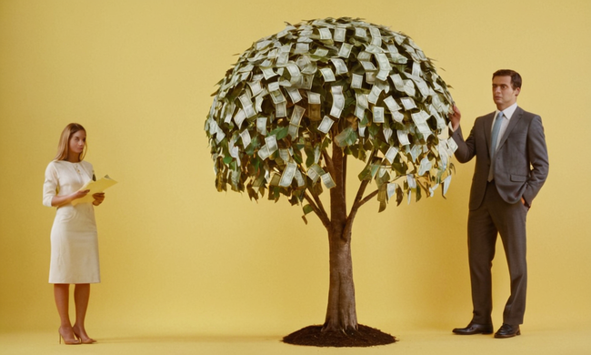 Una persona de pie cerca de un árbol de dinero con calculadora y papeles.