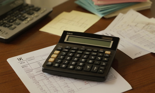 Una calculadora sobre una tabla rodeada de notas y gráficos financieros.