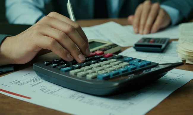 Una persona que trabaja en una calculadora con documentos financieros repartidos alrededor.