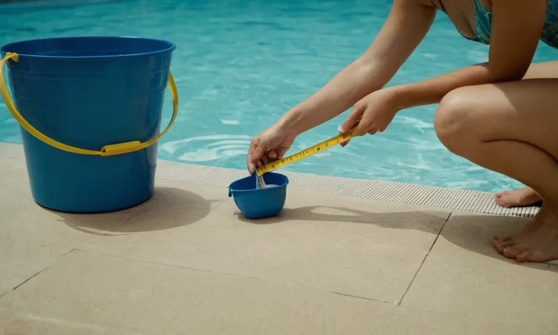 Una persona que mide una piscina con un cubo para calcular su volumen.