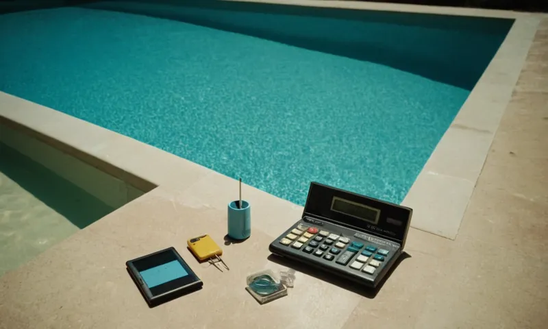 Una piscina con herramientas de medición y calculadoras.