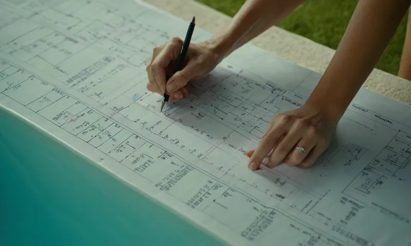 Una persona que mide una piscina mientras está rodeada de tablas de cálculo y fórmulas.