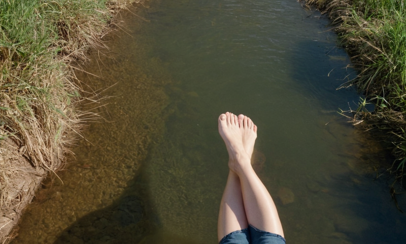 Una persona sentada en la orilla del río con pies sumergidos en agua, destacando un tema sobre la eliminación de callos de pie.