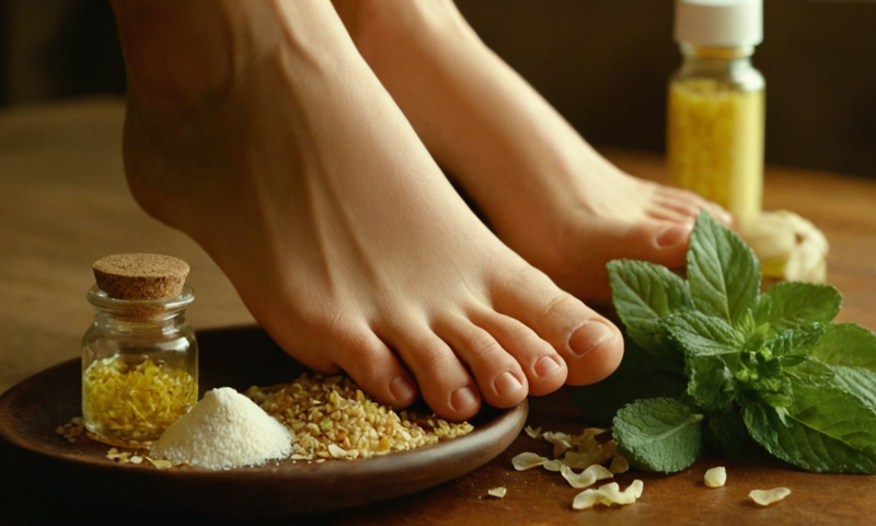 Una persona de pie junto a remedios naturales para callos de pie sobre una mesa.