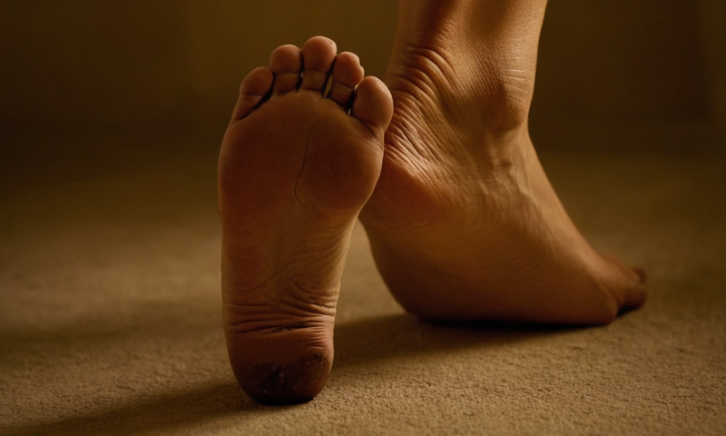 Un pie con piel oscura y tacones agrietados, simbolizando las consecuencias de descuidar el cuidado de los pies.