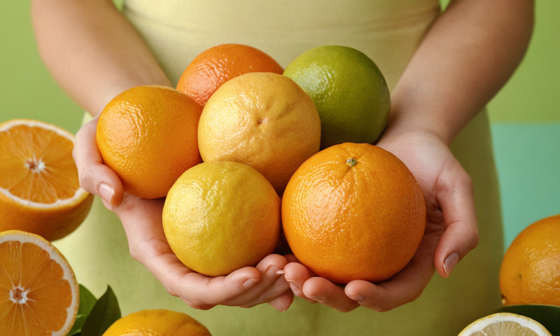 Una persona que sostiene frutas cítricas con piel lisa, rodeada de ingredientes naturales y productos de belleza.