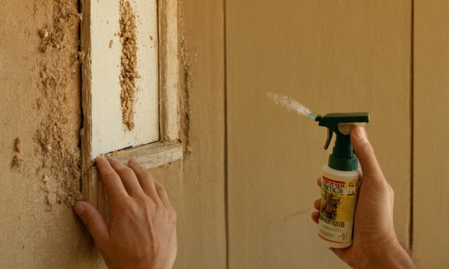 Una casa infestada de termitas con una pared abierta dividida que muestra las plagas, ya que una persona sostiene una botella de spray para indicar la erradicación.