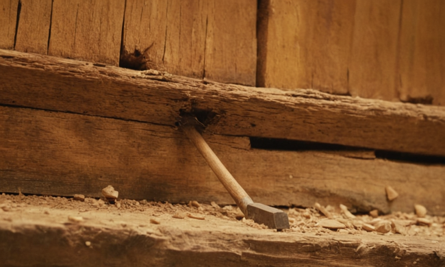 Se necesita un rayo de madera infestado de termita con un martillo flotando cerca para indicar la acción.