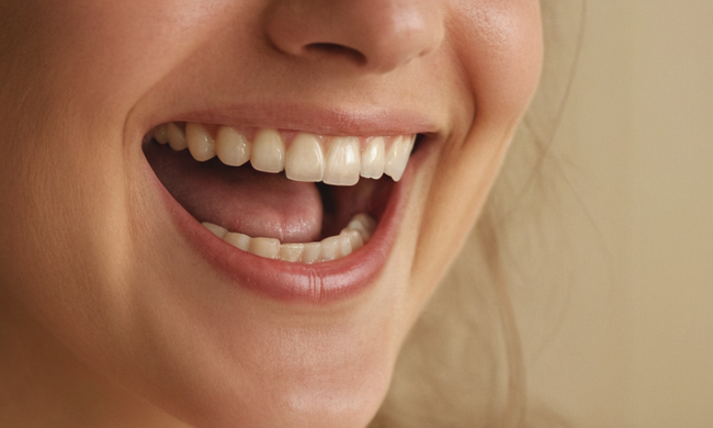 Una persona que se ríe con una brecha dental inteligentemente escondida por una sonrisa.