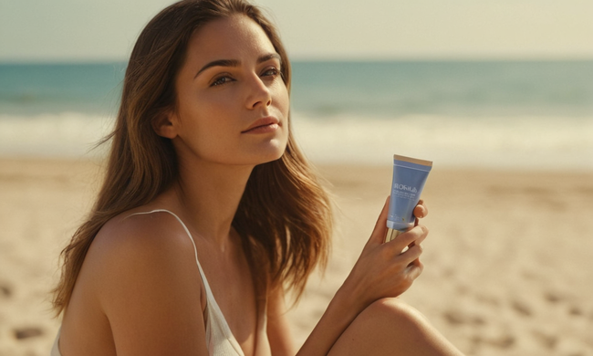 Una mujer que se relaja cerca de la playa, con una crema y navaja cerca, en medio de una escena borrosa que representa la eliminación del cabello.
