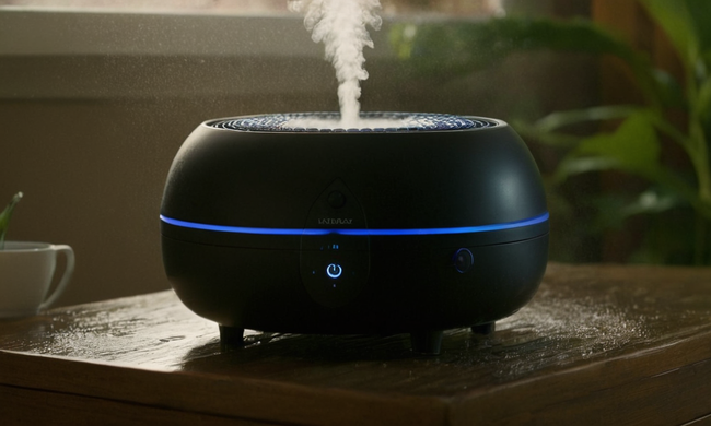 Una máquina humidificadora en uso con aire seco girando hacia fuera, rodeado de gotitas de agua y otros iconos de alivio de la humedad.