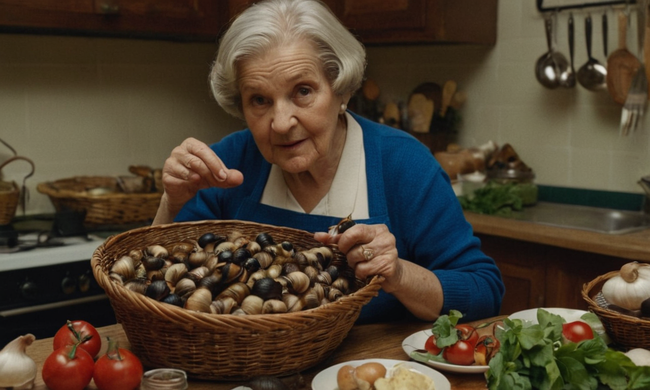 La abuela sostiene caracoles en una cesta, rodeada de utensilios de cocina e ingredientes.