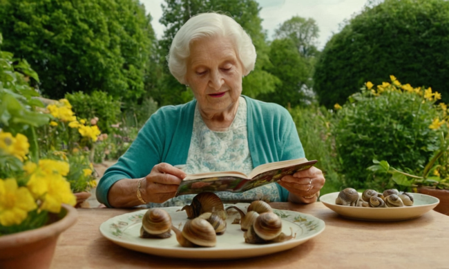 Abuela sirviendo caracoles en un plato delante de un jardín con un libro de recetas.
