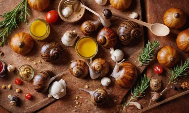 Una ilustración lúdica de caracoles que se hacen, rodeado de ingredientes y utensilios.