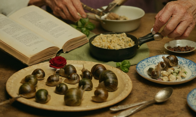 Una persona que sostiene caracoles en un plato con abuelas receta libro y utensilios de cocina.