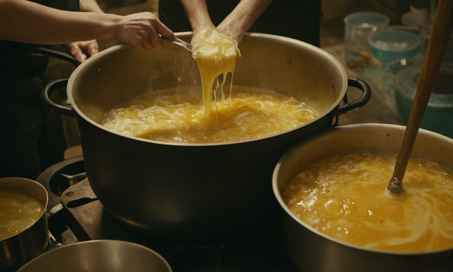 Una persona que mueve una gran olla llena de jabón fundido, rodeado de diversos equipos e ingredientes.