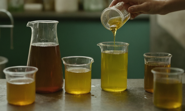Alguien que mide líquidos en cajones en medio de varios pasos de fabricación de jabón con aceite reciclado.