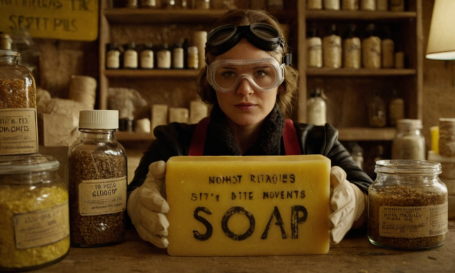 Una persona que llevaba guantes y gafas rodeada de ingredientes caseros de jabón y varios signos de seguridad.
