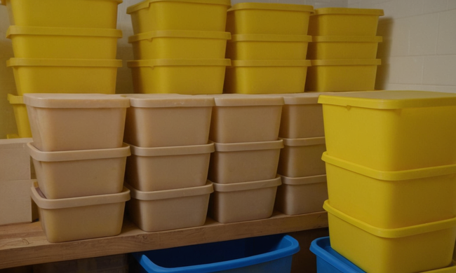 Cubos de jabón casero apilados en un trastero limpio con contenedores de reciclaje.
