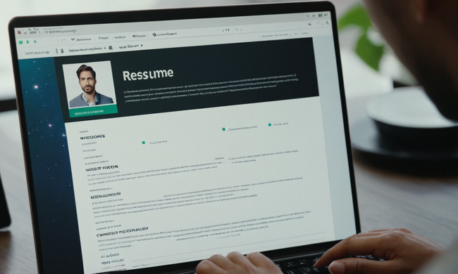 Una persona que sostiene un portátil con un cursor sobre una plantilla de curriculum vitae en la pantalla.