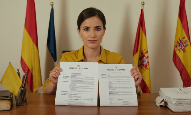 Un profesional con diferentes tipos de curriculum vitae en un escritorio, con banderas españolas en el fondo.