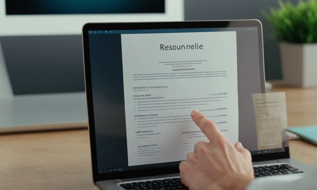 Una persona que tiene un portátil mostrando su curriculum vitae en un ambiente de trabajo moderno.