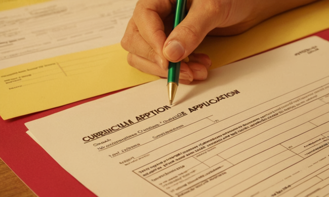 Una persona llenando un formulario de solicitud de empleo en un escritorio con guías de asesoramiento curricular español.