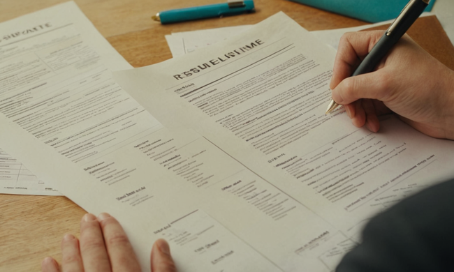 Una persona que trabaja en su curriculum vitae con conceptos de búsqueda de empleo y estadísticas que los rodean.
