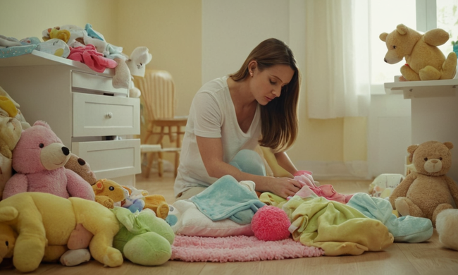 Una madre joven que prepara ropa infantil para lavar en medio de juguetes suaves y suministros para bebés.