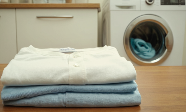 Una camisa blanca perfectamente doblada y otra ropa limpia en una mesa, con lavadora y detergente cerca.