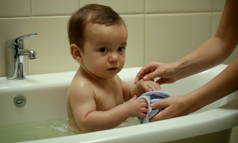Mamá lava suavemente ropa de bebé en una bañera con jabón suave y suaves golpes.