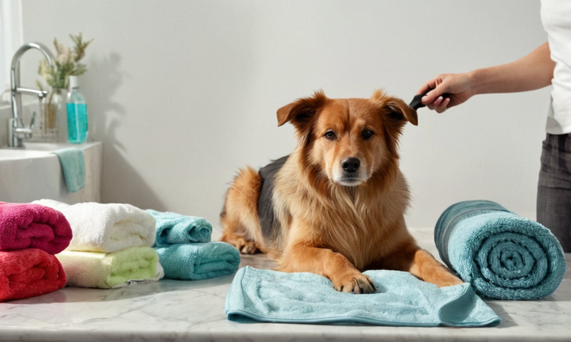 Persona preparándose para lavar un perro de raza nórdica, con herramientas de aseo y toallas.