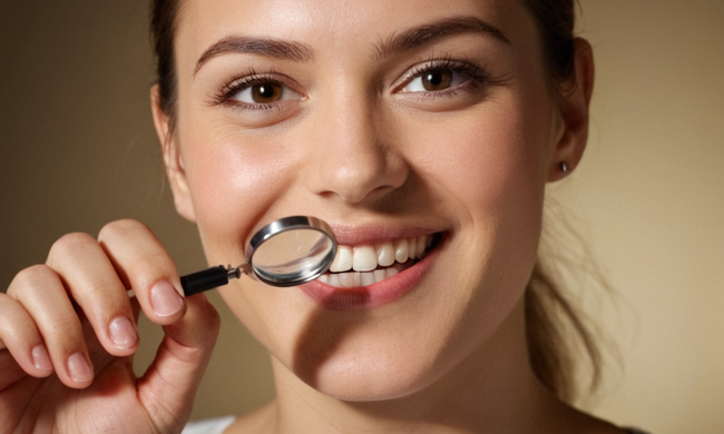 Una persona sonriente que muestra los pasos para limpiar el retenedor dental con una lupa.
