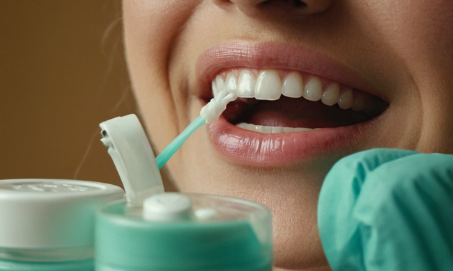 Una inyección de hilo dental que se utiliza para limpiar los dientes, rodeado de productos de atención oral.