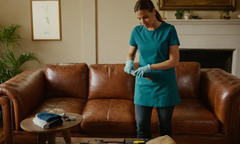 Una persona que limpia y detalla un sofá de cuero con varias herramientas rodeadas de planes de diseño de muebles.