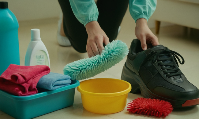 Una persona que sostiene zapatos junto a diversos suministros de limpieza y acondicionado.