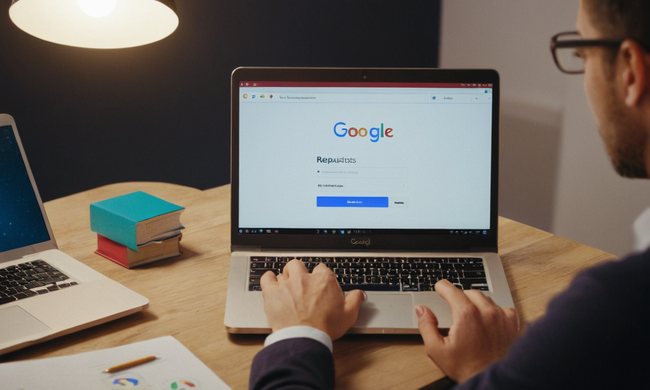 Persona sentada en un portátil, revisando sus métricas de reputación en línea con varios iconos de herramientas y una sección de revisión de Google.