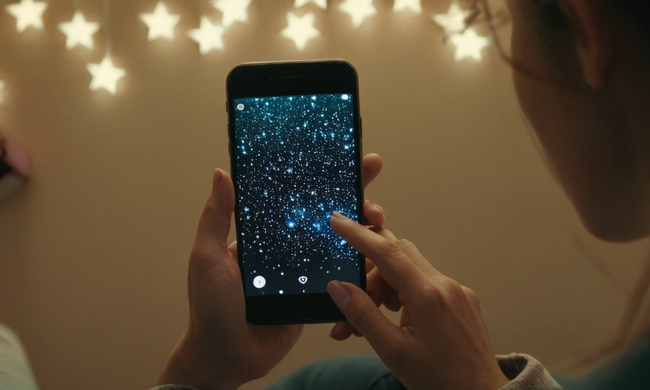 Una persona que escribe una reseña en su teléfono en medio de un telón de fondo de estrellas digitales y reputación en línea.