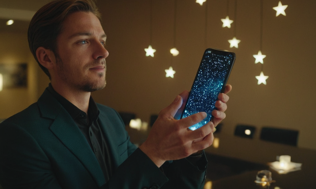 Propietario del negocio mirando múltiples estrellas de revisión en una pantalla del teléfono.