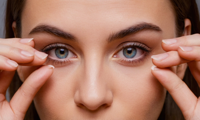 Guía paso a paso para aplicar lentes de contacto, con una persona manos y ojos.