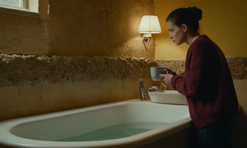 Una persona de pie junto a un lavabo o una bañera que sostiene una taza y se ve confusa, con depósitos minerales que se forman.