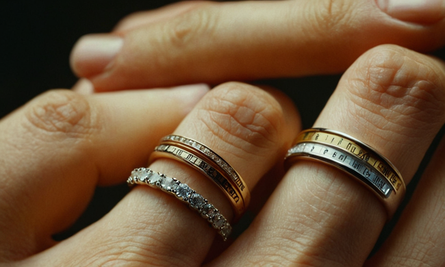 Cierre de anillos en diferentes dedos con marcas de medición y relés de texto.