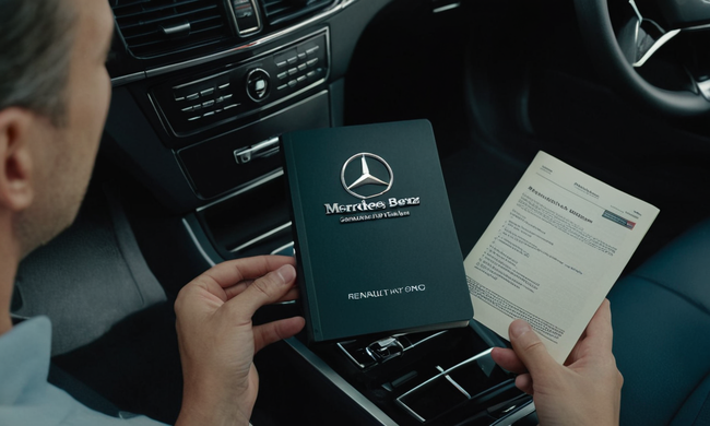 Una persona que consulta un manual de propietarios de Mercedes-Benz con diagramas y espectros de motores Renault.