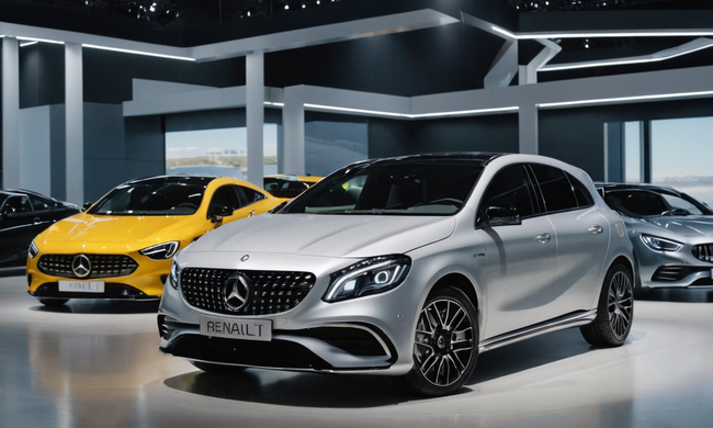 Mercedes-Benz coches con modelos de motor Renault en segundo plano con bloques de texto informativos.