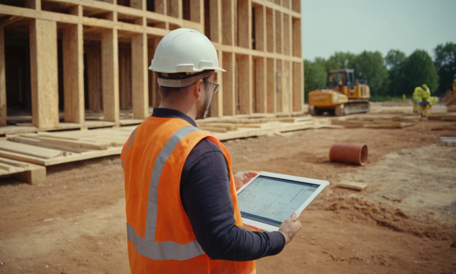 Una persona que está al lado de un plan de construcción en una tableta, rodeada de reglamentos de construcción y directrices.