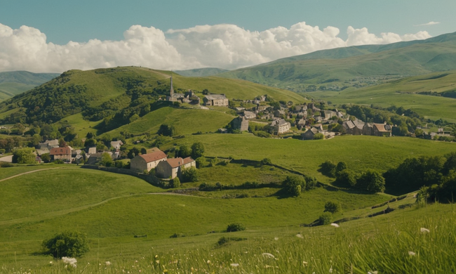 Una vista paisajística que muestra diferentes niveles de terreno, colinas y edificios con burbujas de pensamiento.