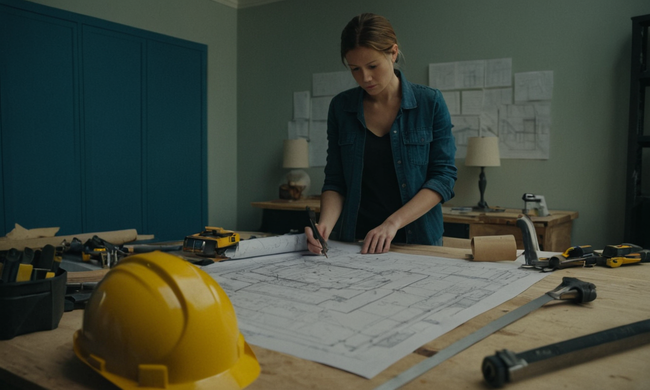 Una persona de pie delante de un plano sobre una mesa, rodeada de papeles y herramientas de construcción.