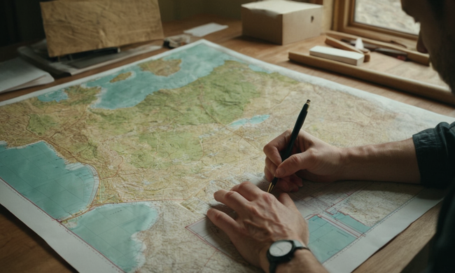 Persona estudiando mapa del terreno y planes de construcción.