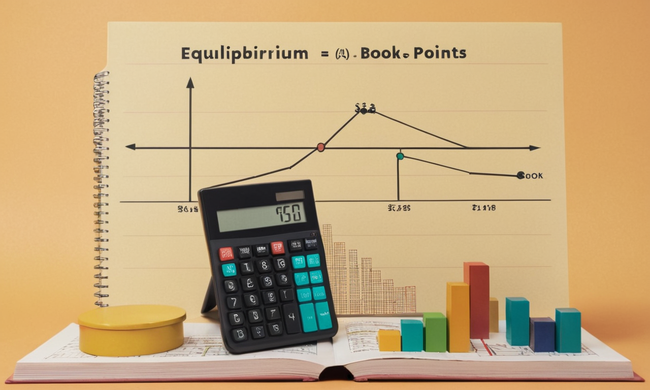Sobreimpresión de texto en un gráfico que muestra el concepto de puntos de equilibrio, con calculadora e ilustraciones de libros.