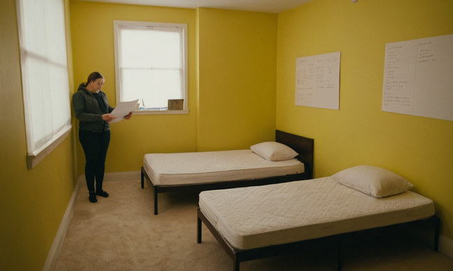 Persona colocando dos camas en una pequeña habitación con cinta de medición y notas.